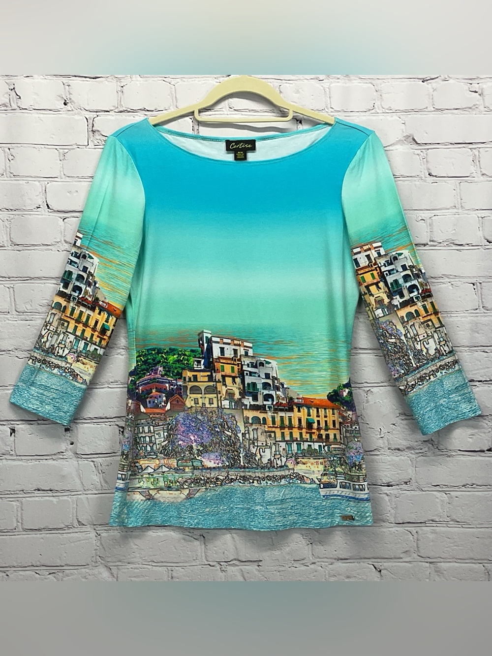 Cartise Top Women's Size M Multicolor Wearable Art Seaside Village Print Travel